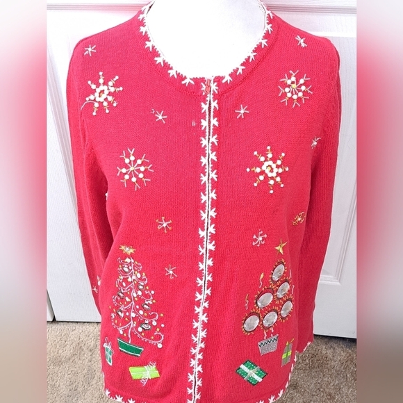 Red Christmas Cardigan With Embellishments     Size PM - Picture 1 of 15